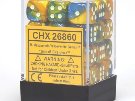 Chessex Gemini 12mm d6 Masquerade Yellow White Block (36) Online Sale